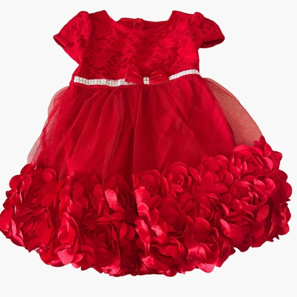 Nanette Baby Red Floral Roses Dress Toddler Girls Size 2T Rhinestone Embellished